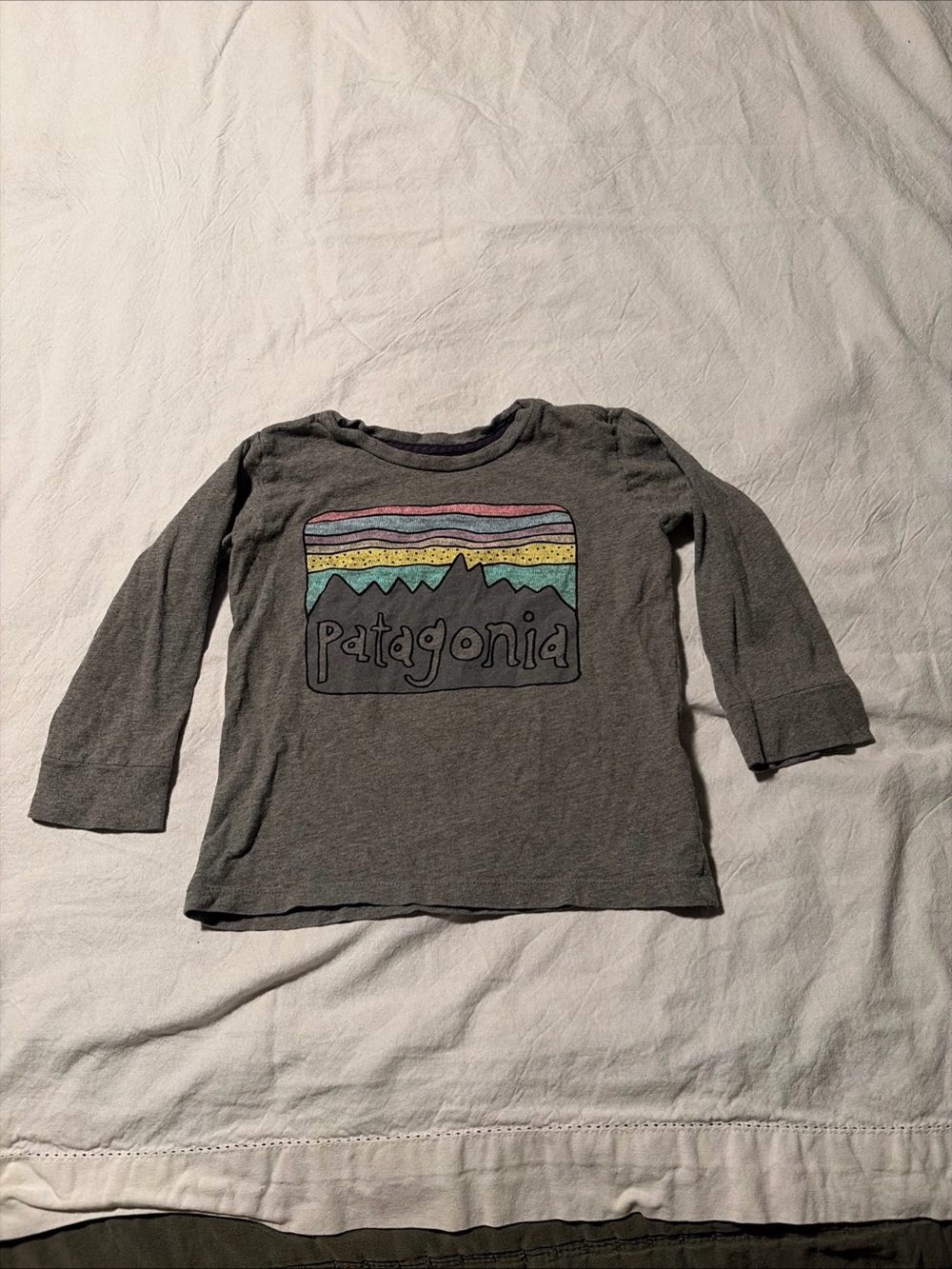 Patagonia Kids Long-Sleeve Tee — Heather Gray with Multicolor Mountain Graphic